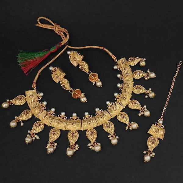 Amina Creation Brown Austrian Stone And Pearl Necklace Set With Maang Tikka -1107993A