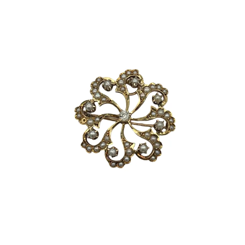 Antique, Edwardian, 15k Gold Birks Diamond and Pearl Brooch/Pendant