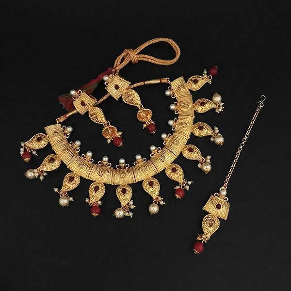 Amina Creation Maroon Austrian Stone And Pearl Necklace Set With Maang Tikka -1107993B