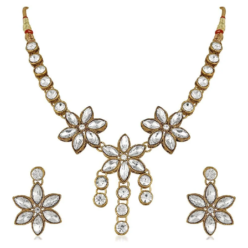 Mahi Traditional Jewellery Kundan and Artificial Pearl Floral Necklace Set with Earrings for Women (VNCJ100252WHT)