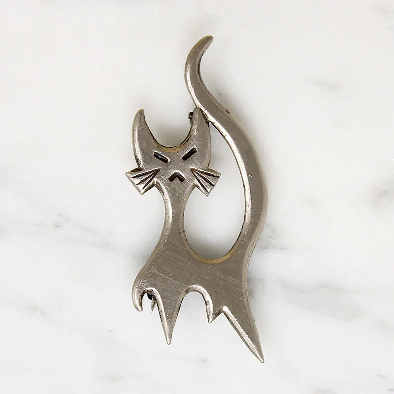 Spooky Sterling Silver Cat Brooch