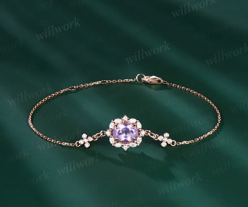 14K Real Rose Gold Oval Lavender Amethyst & Diamond Chain Bracelets Dainty Simple Genuine Gemstone Crystal Charm Wedding Bracelet for Bridal