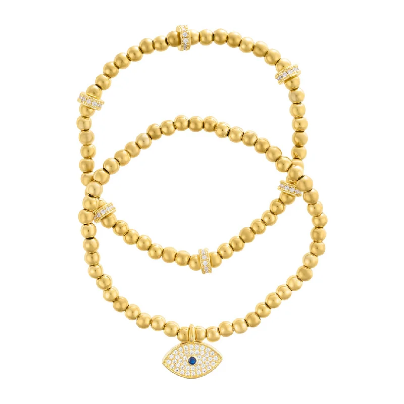 14k Gold Plated Pair of Bead Bracelets with Crystal Evil Eye