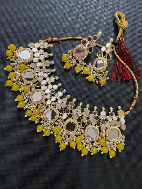 India Art Gold Plated Pearl And Beads Mirror Necklace Set