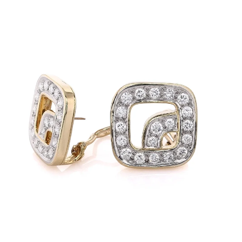 Estate 18 Karat Two-Tone Open Square Design Diamond Earrings