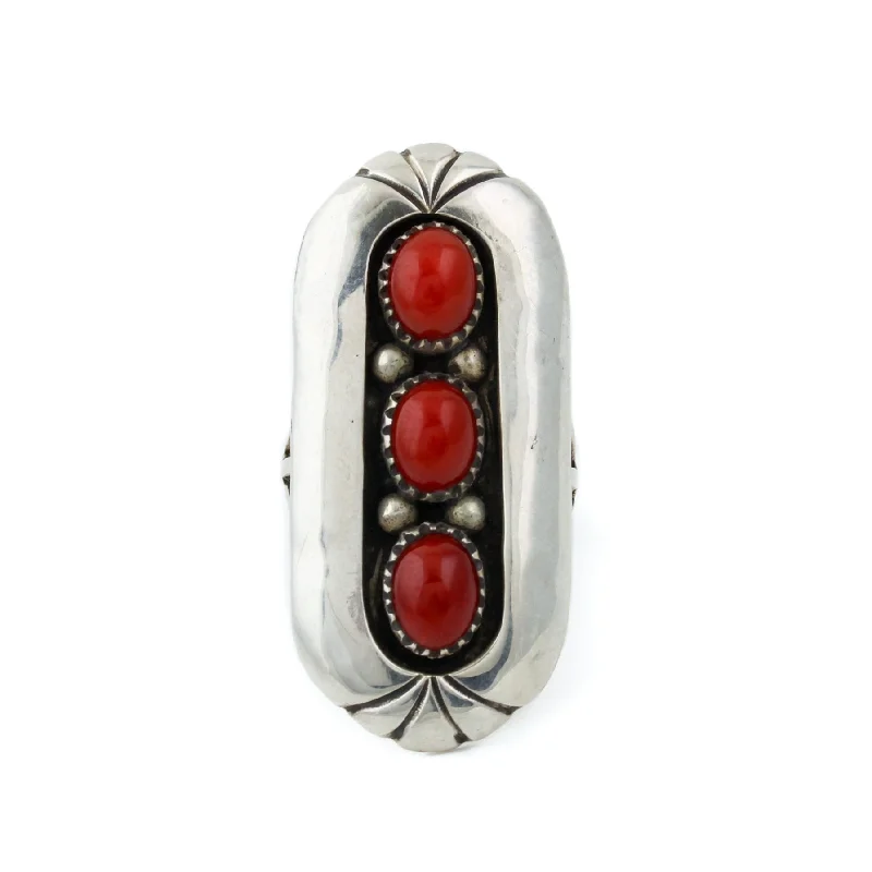 Red Coral Tri Stone Ring