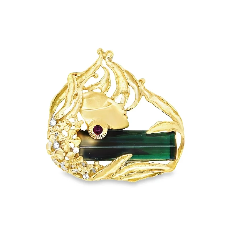 27.16 Carat Green Tourmaline 18k Yellow Gold Art Nouveau Inspired Brooch