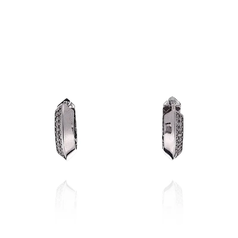 14k White Gold Knife Edge Pave Diamond Hoop Earrings