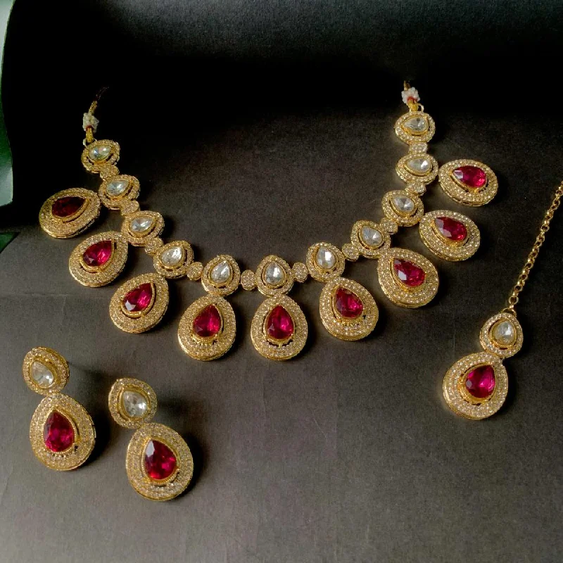 Etnico Gold Plated Traditional Kundan & Stone Studded Choker Necklace Jewellery Set with Earrings & Maang Tikka for Women And Girls (IJ371Q)