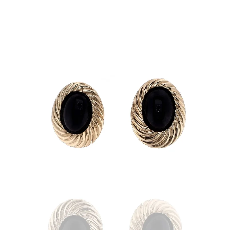 Estate 14k Yellow Gold Oval Onyx Scalloped Gold Frame Earrings