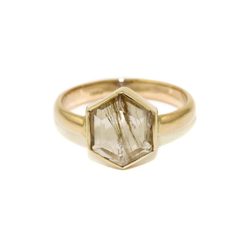 14K Hexagonal Cut Rutilated Quartz Ring