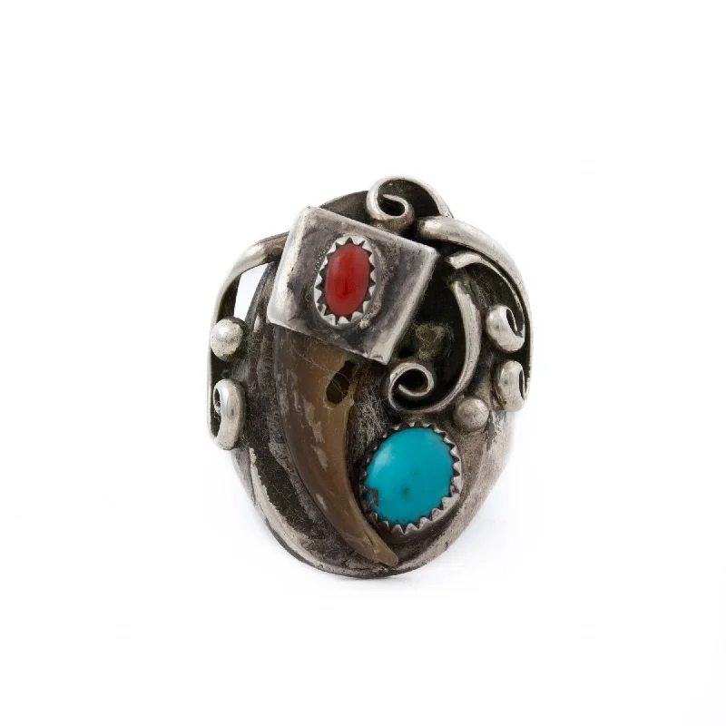 Turquoise x Red Coral Navajo Ring w/ Bear Claw