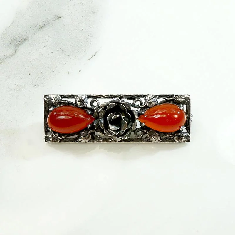 Darkly Romantic Silver Rose & Carnelian Brooch