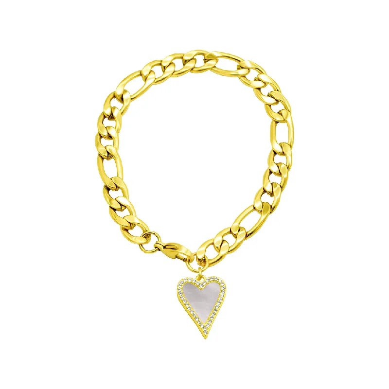 Tarnish Resistant 14k Gold Plated Figaro Bracelet With Crystal Halo Mother-of-Pearl Heart