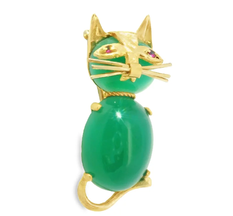 Magnificent Estate 14K Yellow Gold Green Aventurine Ruby Cat Brooch Pin