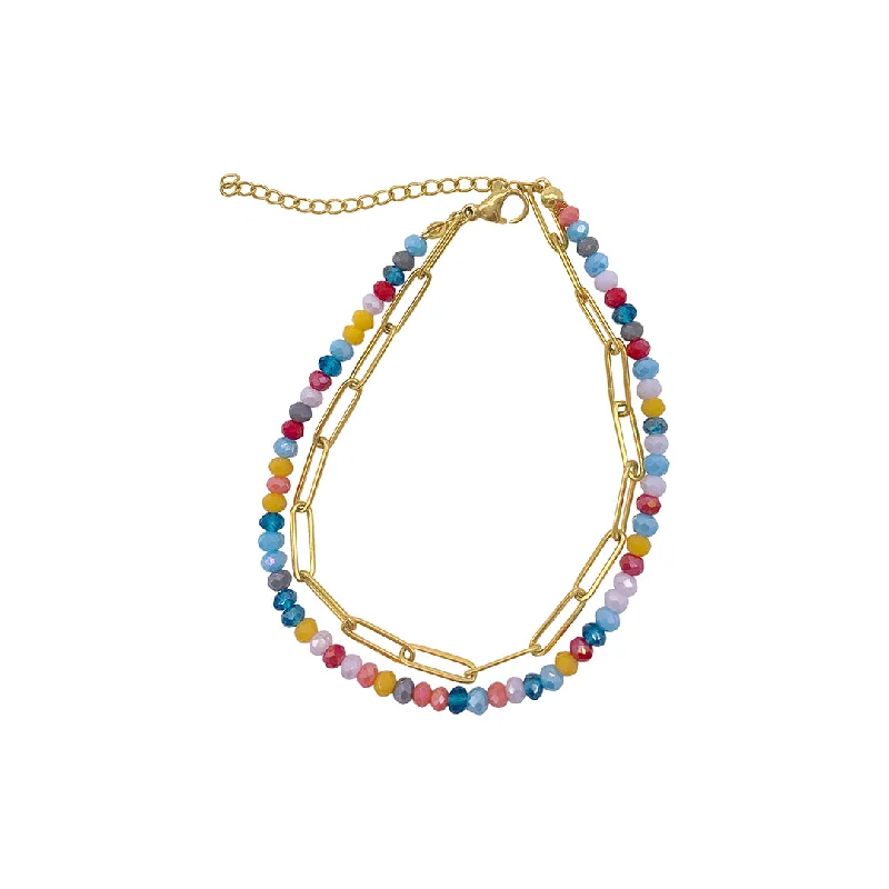 14k Gold Plated Multi Color Bead and Paper Clip Chain Double Bracelet