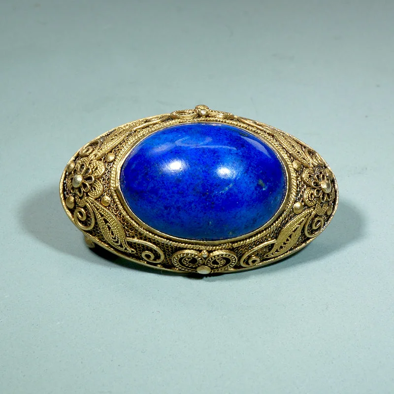 Opulent Chinese Lapis & Silver Gilt Filigree Brooch