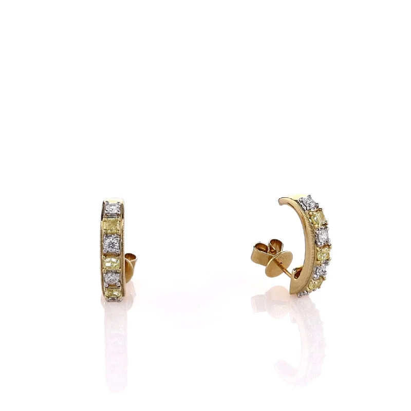 18k Yellow Gold Alternating Yellow and White Diamond J Hoop Earrings