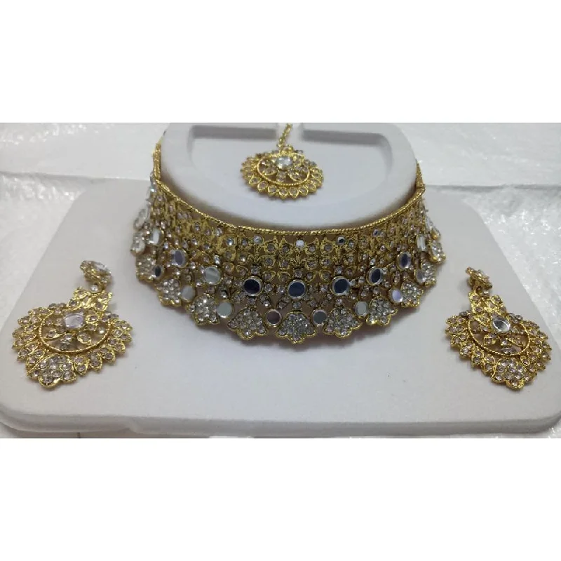 Jinu Arts Gold Plated Austrian Stone Kundan Mirror Choker Necklace SetWith Maangtikka  - 2900327