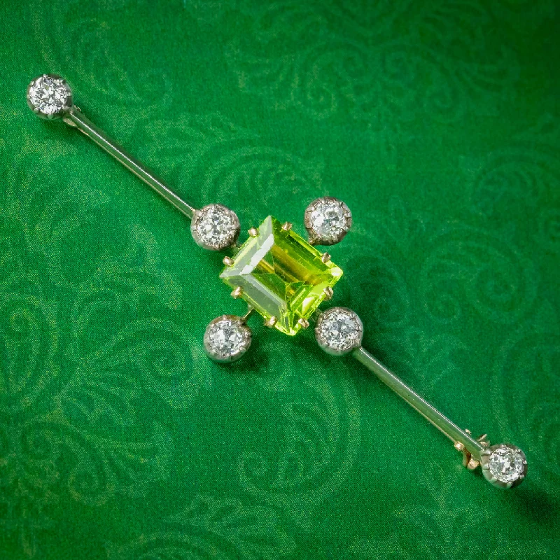 Antique Edwardian Peridot Diamond Bar Brooch 18ct Gold 3.5ct Peridot