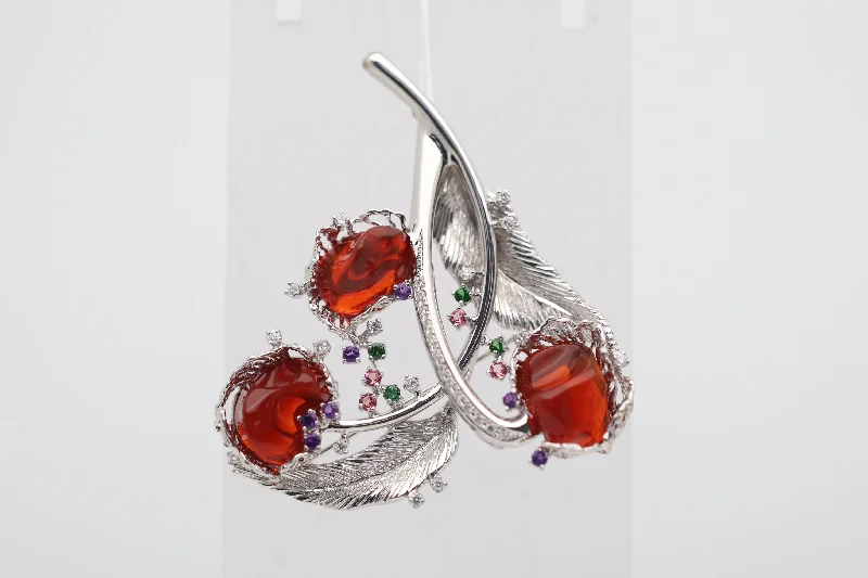 Large Fire Opal Diamond Gemstone Platinum Floral Brooch