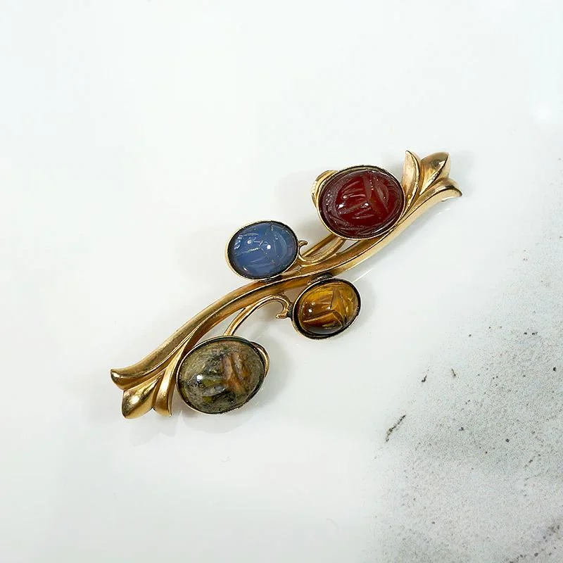 Natural Gemstone Scarab Brooch