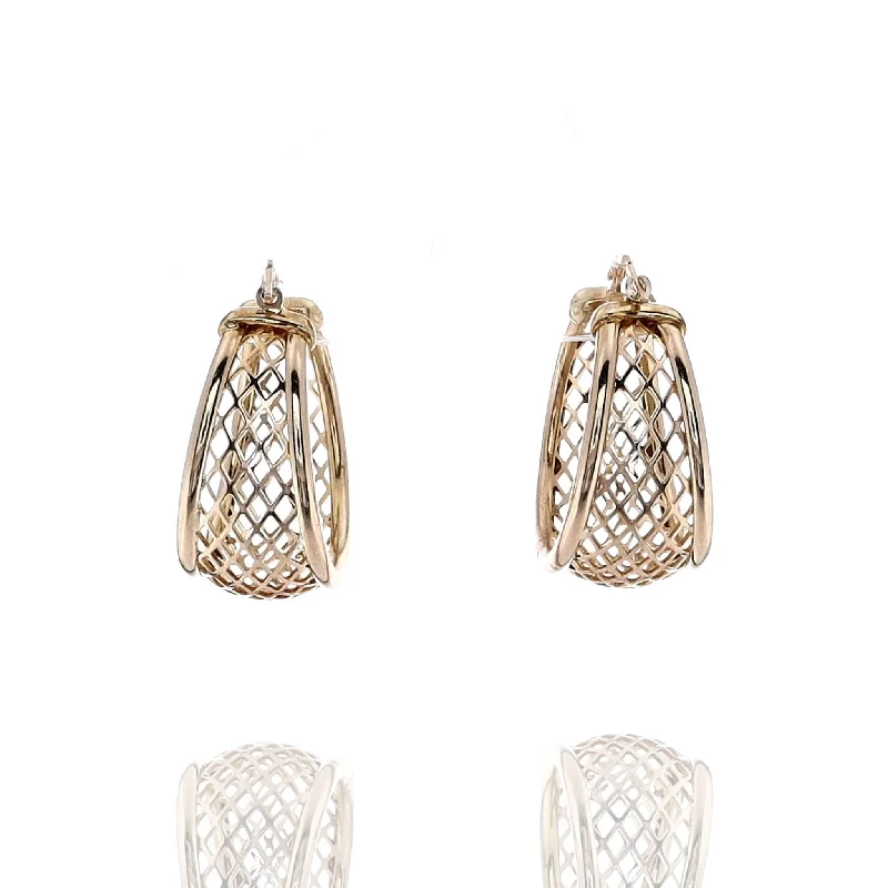 Estate 14k Yellow Gold Tapered Lattice Center Hoop Earrings