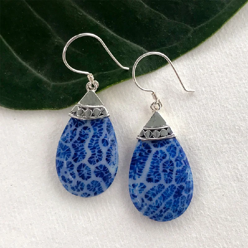 Blue Coral Teardrop Earrings - Sterling Silver, Indonesia