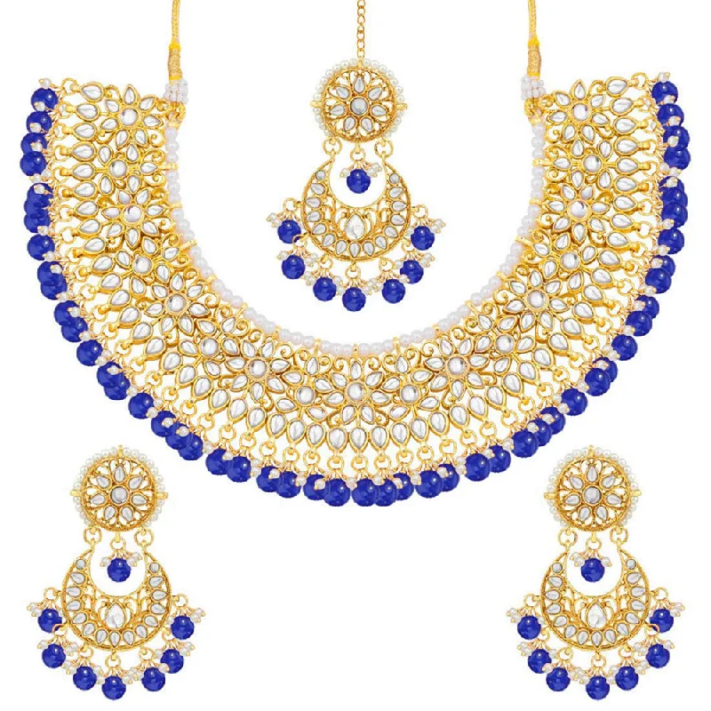 Etnico 18K Gold Plated Traditional Handcrafted Faux Kundan & Pearl Studded Bridal Choker Necklace Jewellery Set with Earrings & Maang Tikka (K7076Bl)