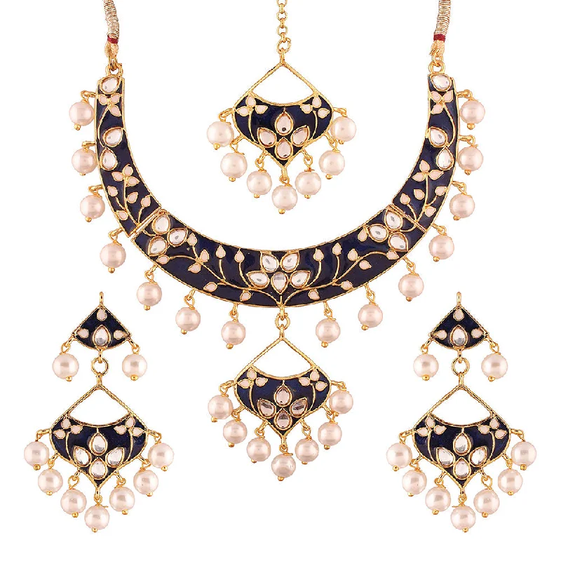 Etnico Gold Plated Kundan Meenakari Necklace Jewellery Set For Women (M4084Bl)