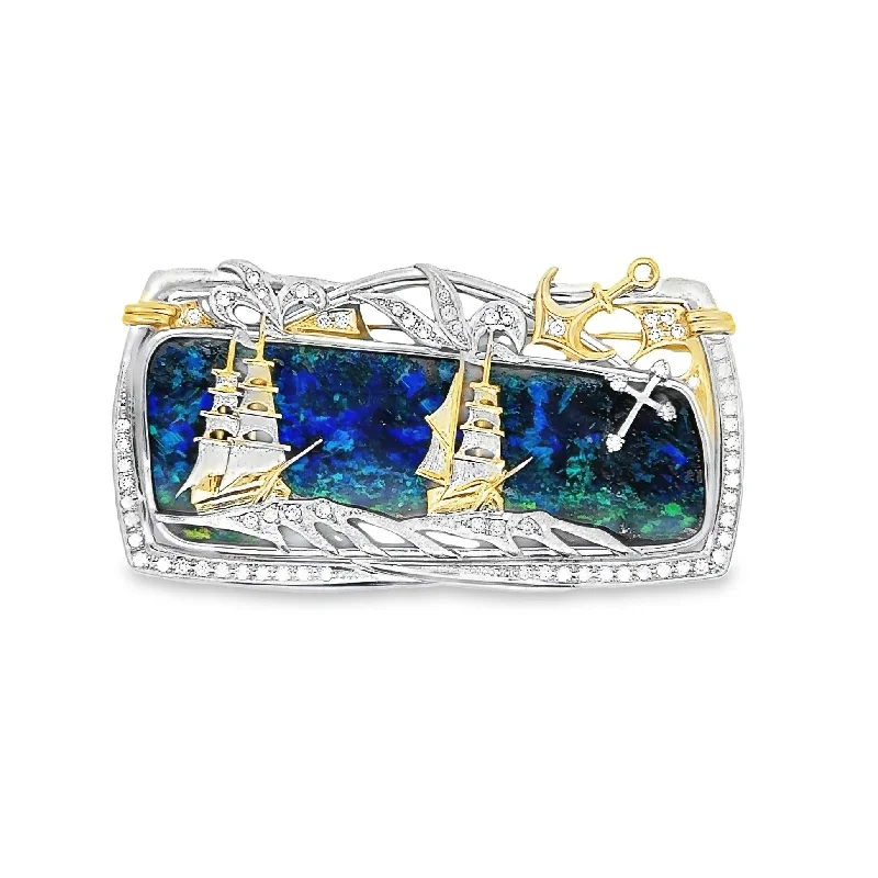 72.25 Carat Australian Boulder Opal Platinum & 18k Y Gold Ship-at-Sea Brooch