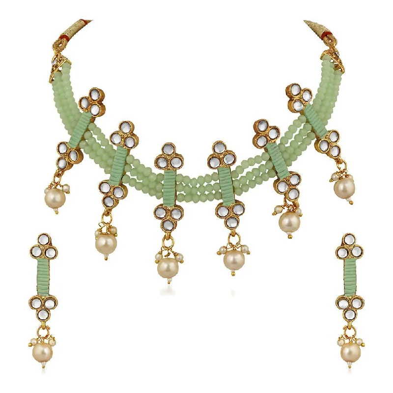 Mahi Traditional Floral Kundan & Green Beads Layered Choker Necklace Jewellery Set for Women (VNCJ100261GRN)