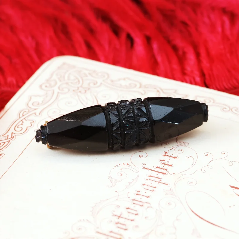 Hand Carved Victorian Whitby Jet Bar Brooch