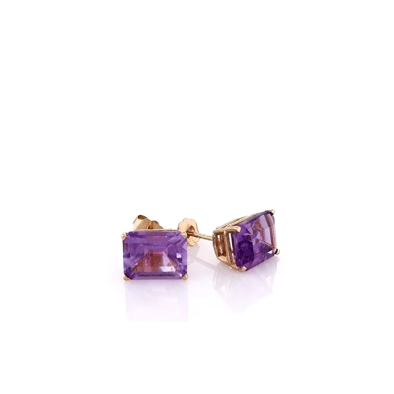 Estate 14k Yellow Gold Emerald-Cut Amethyst 4 Prong Earrings