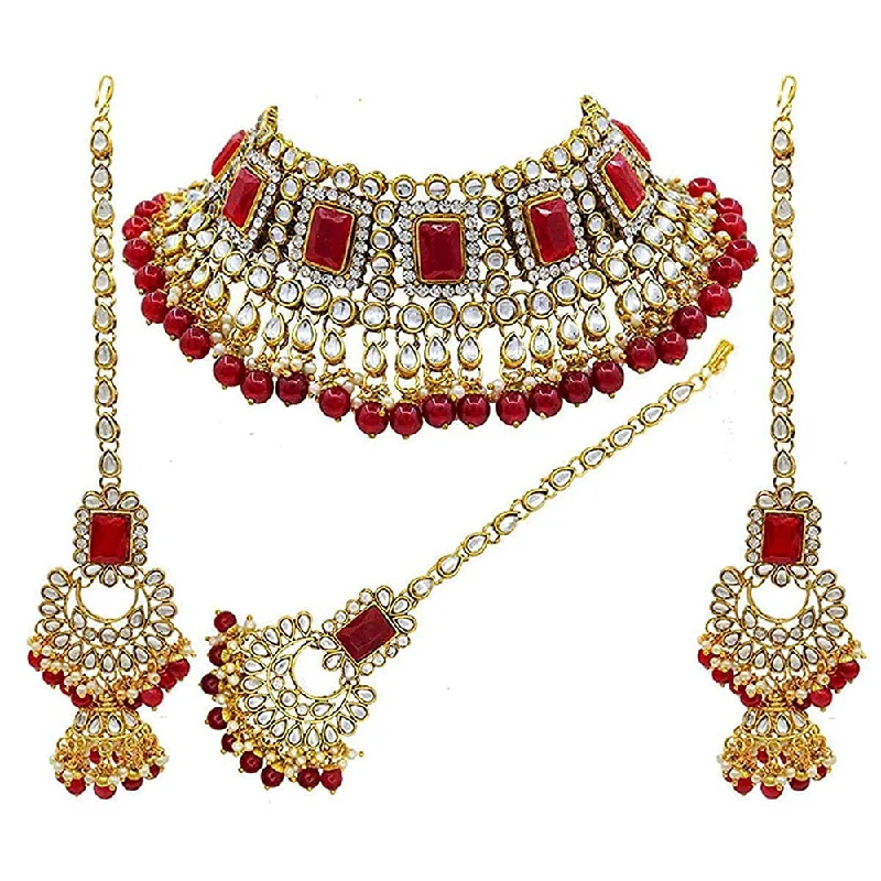 Etnico 18K Gold Plated Traditional Handcrafted Faux Kundan & Pearl Studded Bridal Choker Necklace Jewellery Set with Earrings & Maang Tikka (IJ401M)