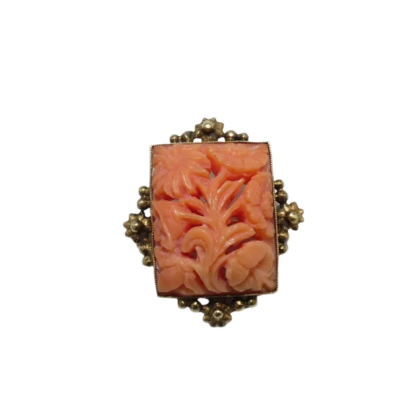 14K Gold Carved Coral Brooch