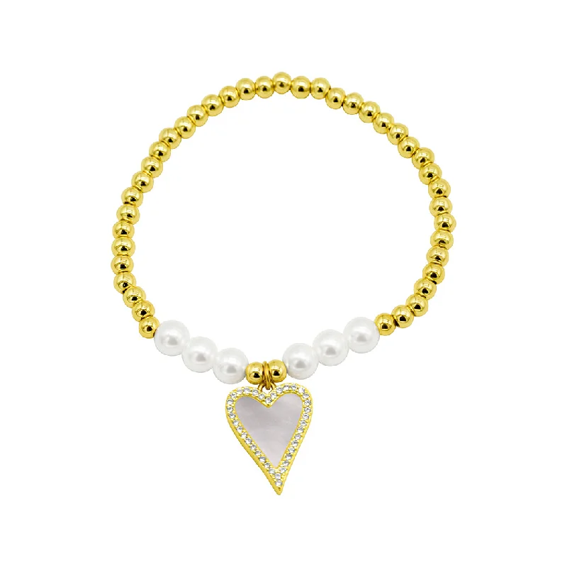 14k Gold Plated Stretch Pearl Bracelet With Mother-of-Pearl Halo Heart