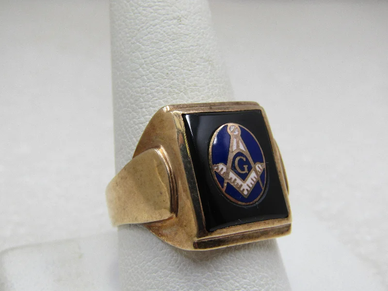 10kt Masonic Enameled Onyx Ring, Sz. 10.25