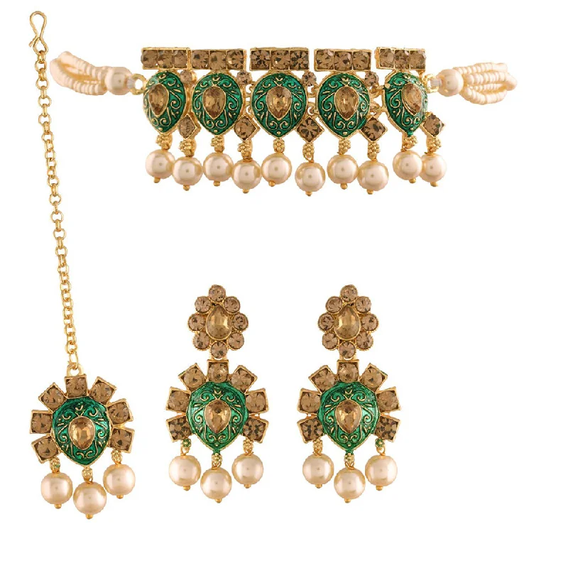 Etnico 18k Gold Plated Green Meenakari Choker Set Glided With Pearls For Women/Girls (IJ346G)