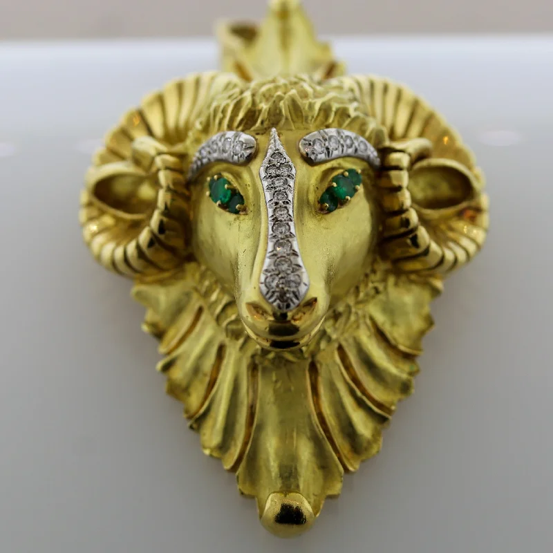 Hammerman Brothers Diamond Emerald Gold Rams Head Pendant-Brooch