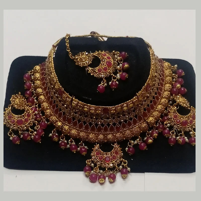 Kumavat Jewels Gold Plated Kundan Stone And Beads Traditional Choker Necklace Set with Maang Tikka