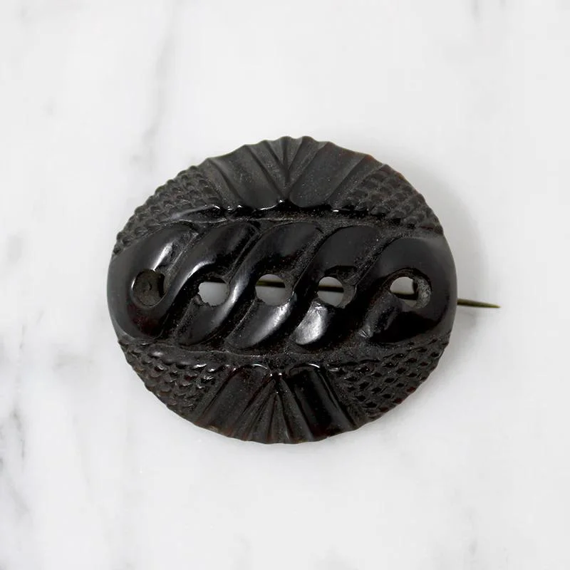 Carved Horn Victorian Mourning Brooch