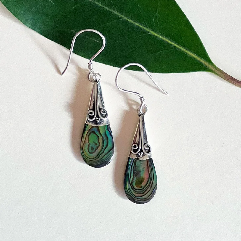 Abalone Filigree Teardrop Earrings - Sterling Silver, Indonesia