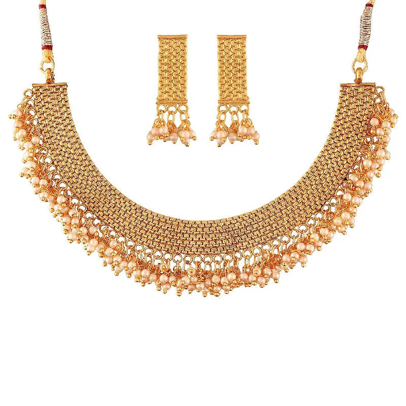 Etnico 18k Gold Plated Traditional Pearl Studded Necklace Jewellery Set for Women (M4096)