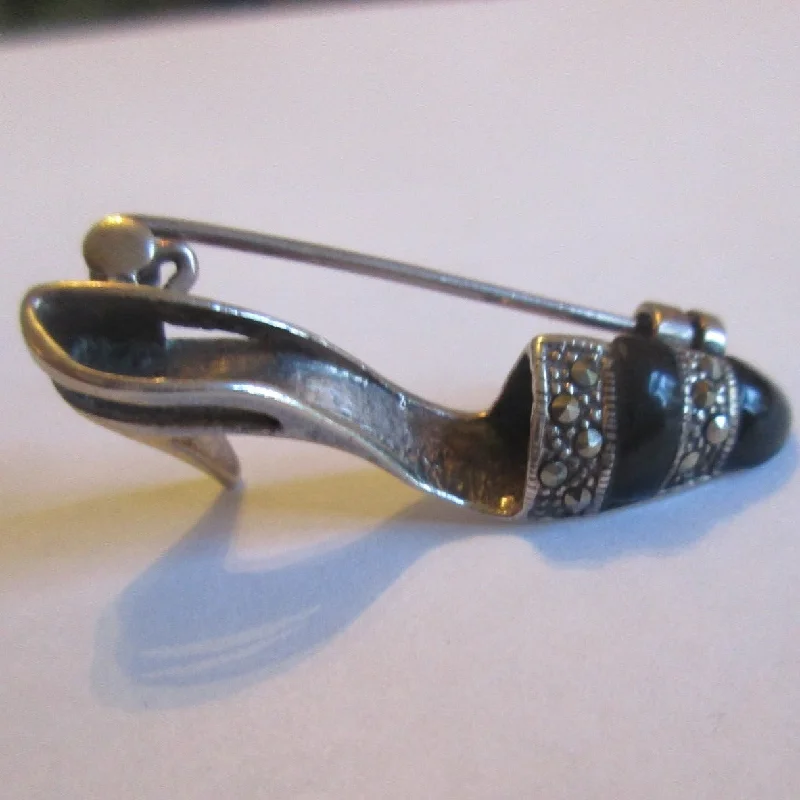 Sterling Silver Marcasite And Black Onyx Shoe Brooch Vintage c1980