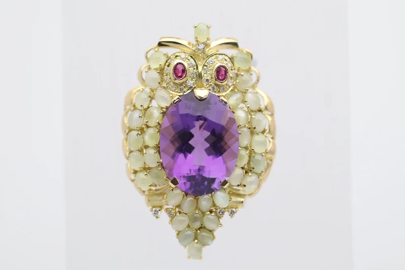 Amethyst Cats Eye Chrysoberyl Diamond Ruby Gold Owl Brooch