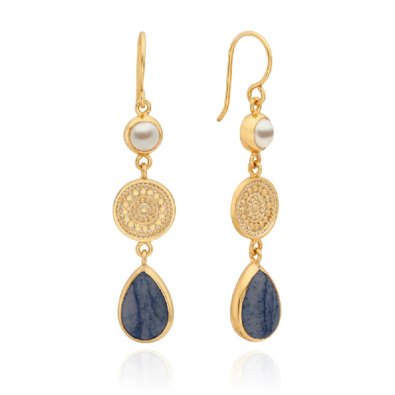 Anna Beck Dumortierite and Pearl Triple Drop Earrings