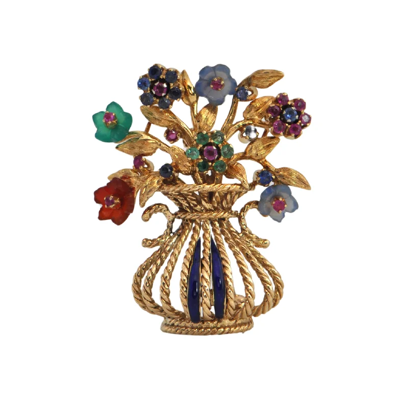 Retro Multi Gem Gardinetto (Flower Basket) 18K Gold Brooch 'Italy'