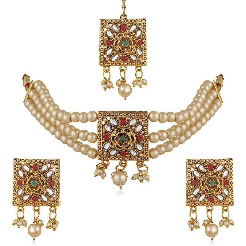 Mahi White Kundan & Artificial Pearl Traditional Choker Necklace Earring & Maangtikka Set For Women (VNCJ100248)