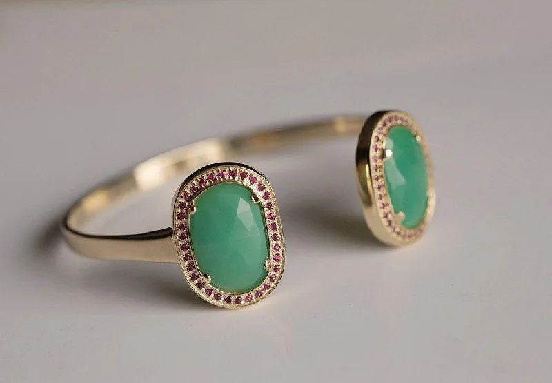 Wide Cuff Gold Bracelets with Chrysoprase Gems & Ruby Halos